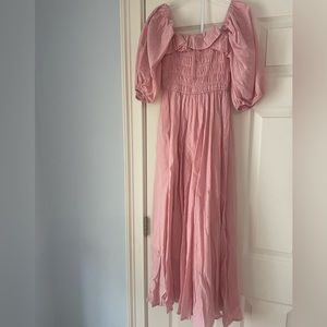 Pink Smocked Puff-Sleeve Maxi Dress